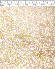 Japanese chiyogami paper featuring small white and light pink cherry blossoms on a yellow background with metallic gold details. 