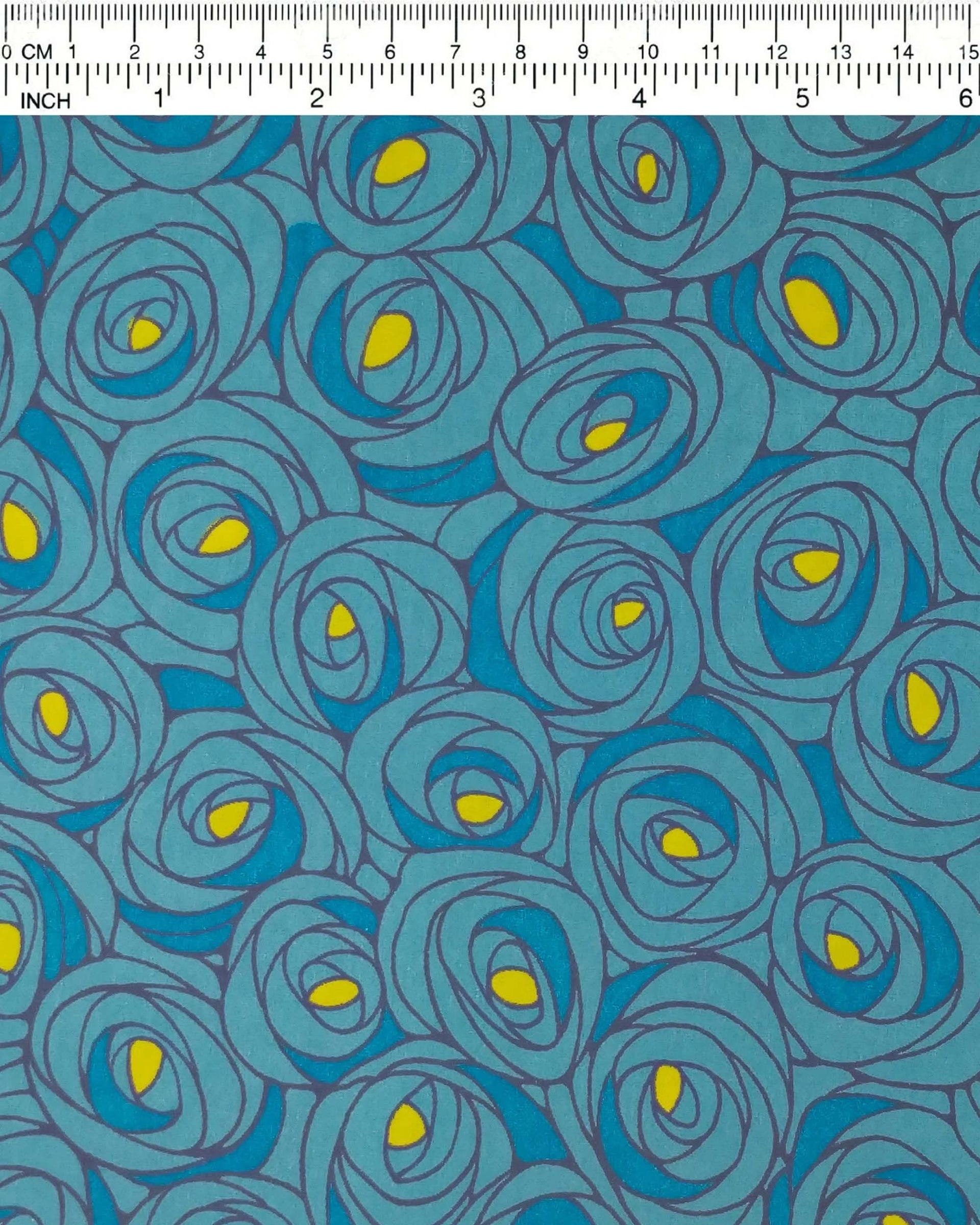 Japanese chiyogami paper featuring large blue rose buds with a yellow center. 