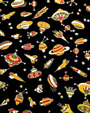 satellites, and planets surrounded by small gold stars on a black background with metallic gold accents.