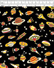 satellites, and planets surrounded by small gold stars on a black background with metallic gold accents.