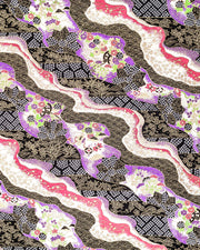 Japanese chiyogami paper featuring an assortment of purple, pink, and green flowers, flower cart motifs (hanaguruma), and traditional Japanese geometric designs with metallic gold details. The background is a mix of white, pink, purple, and black.