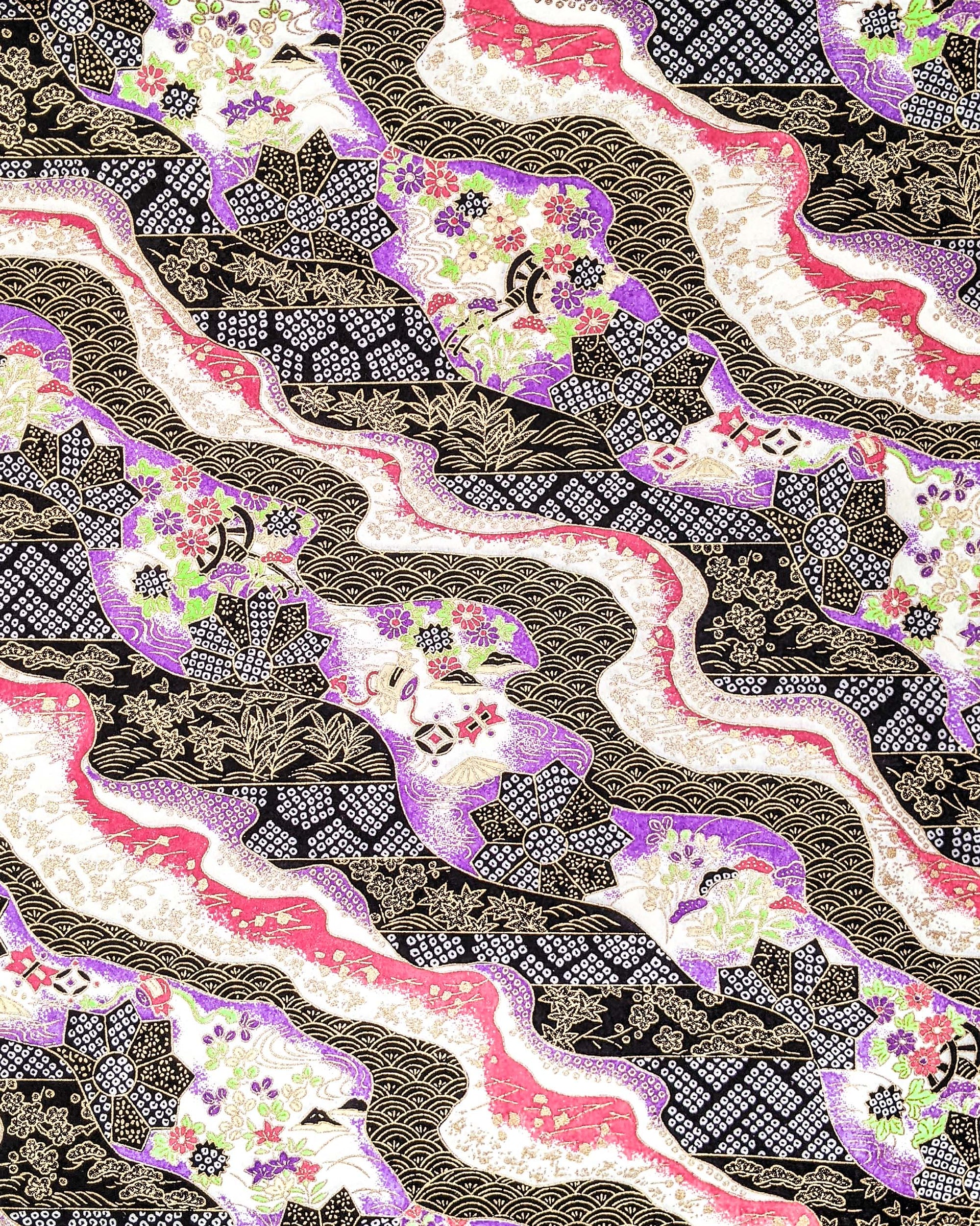 Japanese chiyogami paper featuring an assortment of purple, pink, and green flowers, flower cart motifs (hanaguruma), and traditional Japanese geometric designs with metallic gold details. The background is a mix of white, pink, purple, and black.