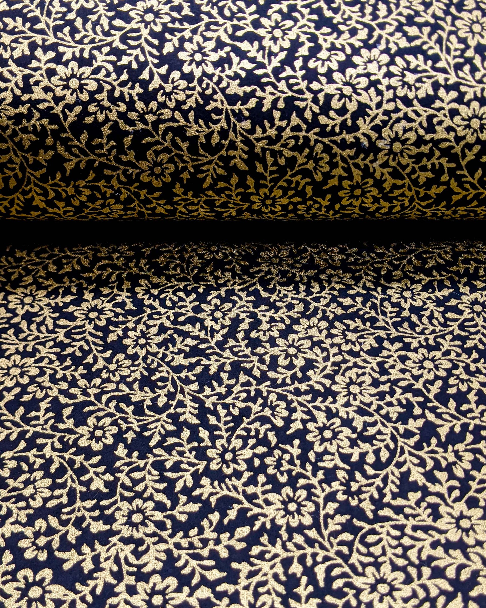 Japanese chiyogami paper featuring a metallic gold floral motif on a black background.