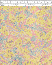 Japanese chiyogami paper featuring yellow, purple, and turquoise frond leaves on a light pink background with metallic gold accents.