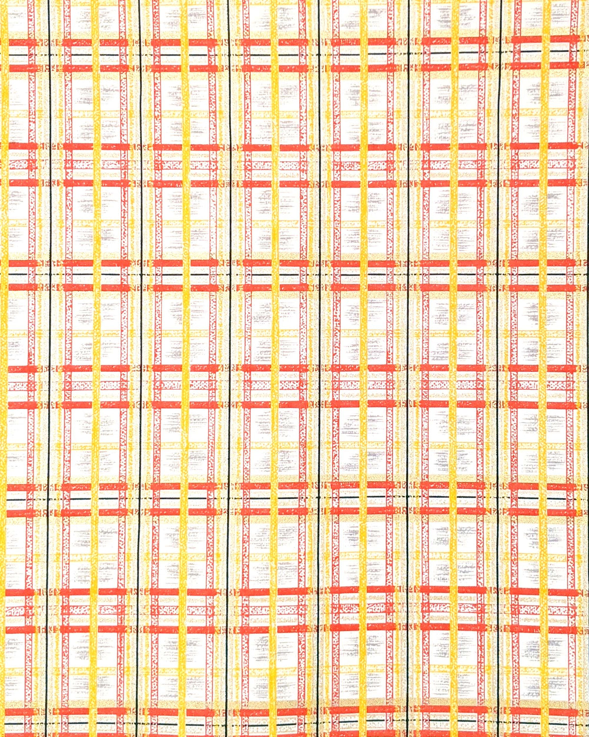 Japanese chiyogami paper featuring a red and yellow koushi (lattice) pattern with metallic gold details on a white background.