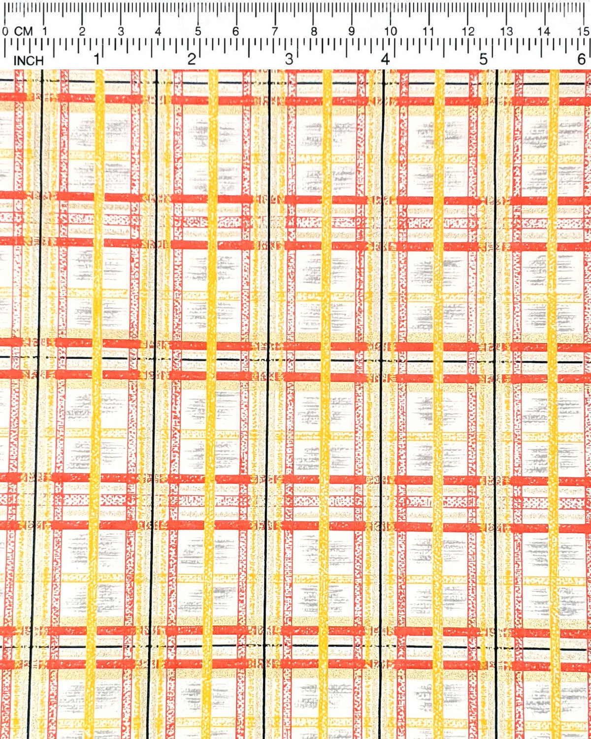 Japanese chiyogami paper featuring a red and yellow koushi (lattice) pattern with metallic gold details on a white background, shown next to a ruler for size reference.