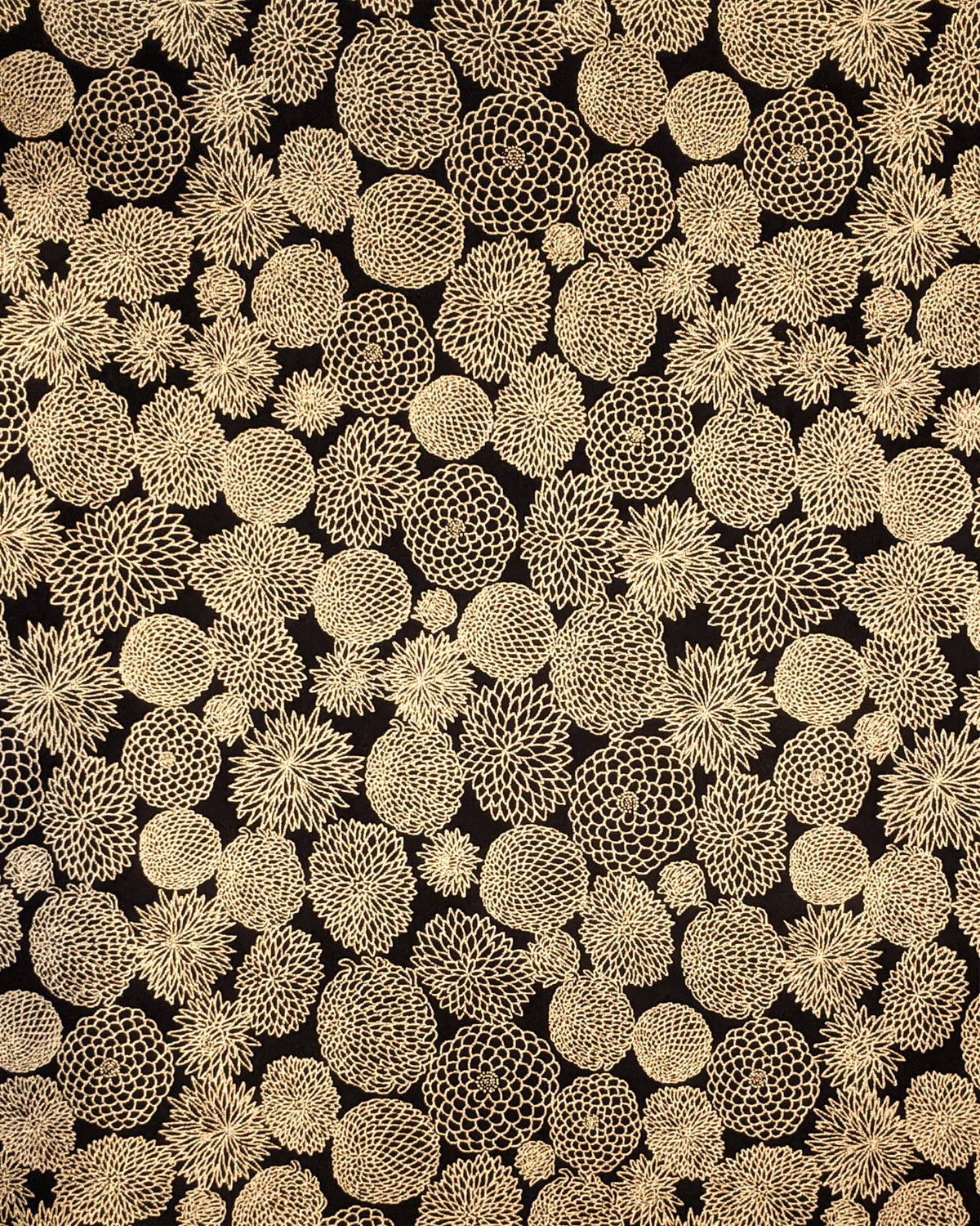 Japanese chiyogami paper featuring an assortment of small metallic gold chrysanthemums on a black background.