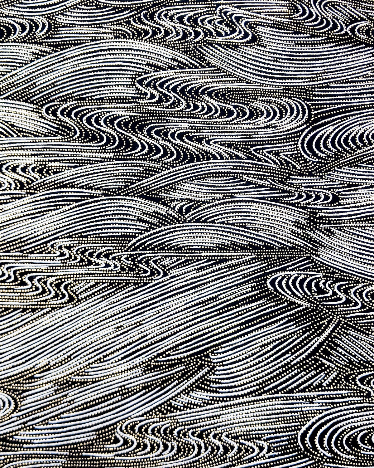 Japanese chiyogami paper featuring flowing metallic silver ripples with metallic gold dotted details on a black background.
