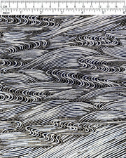 Japanese chiyogami paper featuring flowing metallic silver ripples with metallic gold dotted details on a black background, shown next to a ruler for size reference.