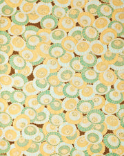 Japanese chiyogami paper featuring beige, turquoise, and light blue overlapping parasols on a brown background with metallic gold details.
