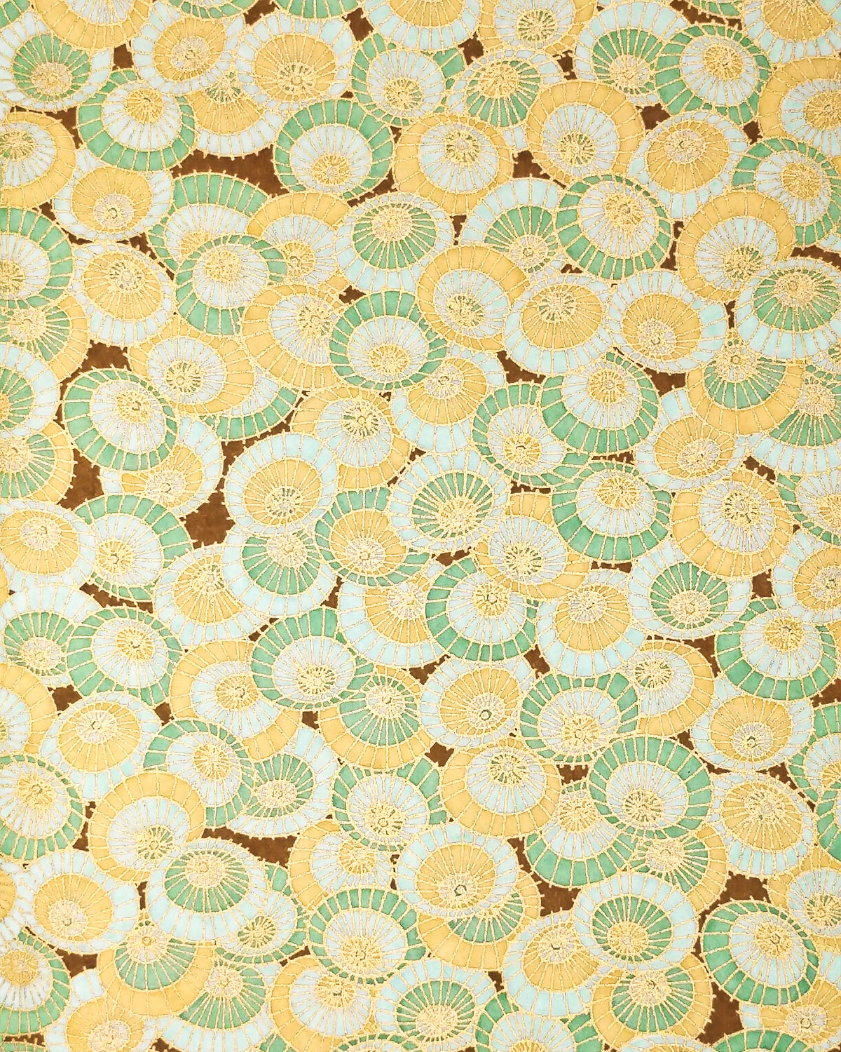 Japanese chiyogami paper featuring beige, turquoise, and light blue overlapping parasols on a brown background with metallic gold details.