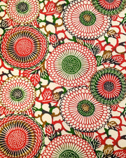 Japanese chiyogami paper featuring large red and green zinnia flowers on a cream background.