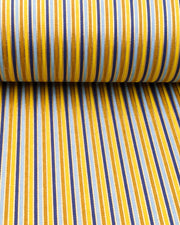 Japanese chiyogami paper featuring vertical stripes in light and golden yellow, light blue, and dark blue with metallic gold stripes, shown rolled to highlight the design.