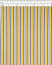 Japanese chiyogami paper featuring vertical stripes in light and golden yellow, light blue, and dark blue with metallic gold stripes, shown next to a ruler for size reference.