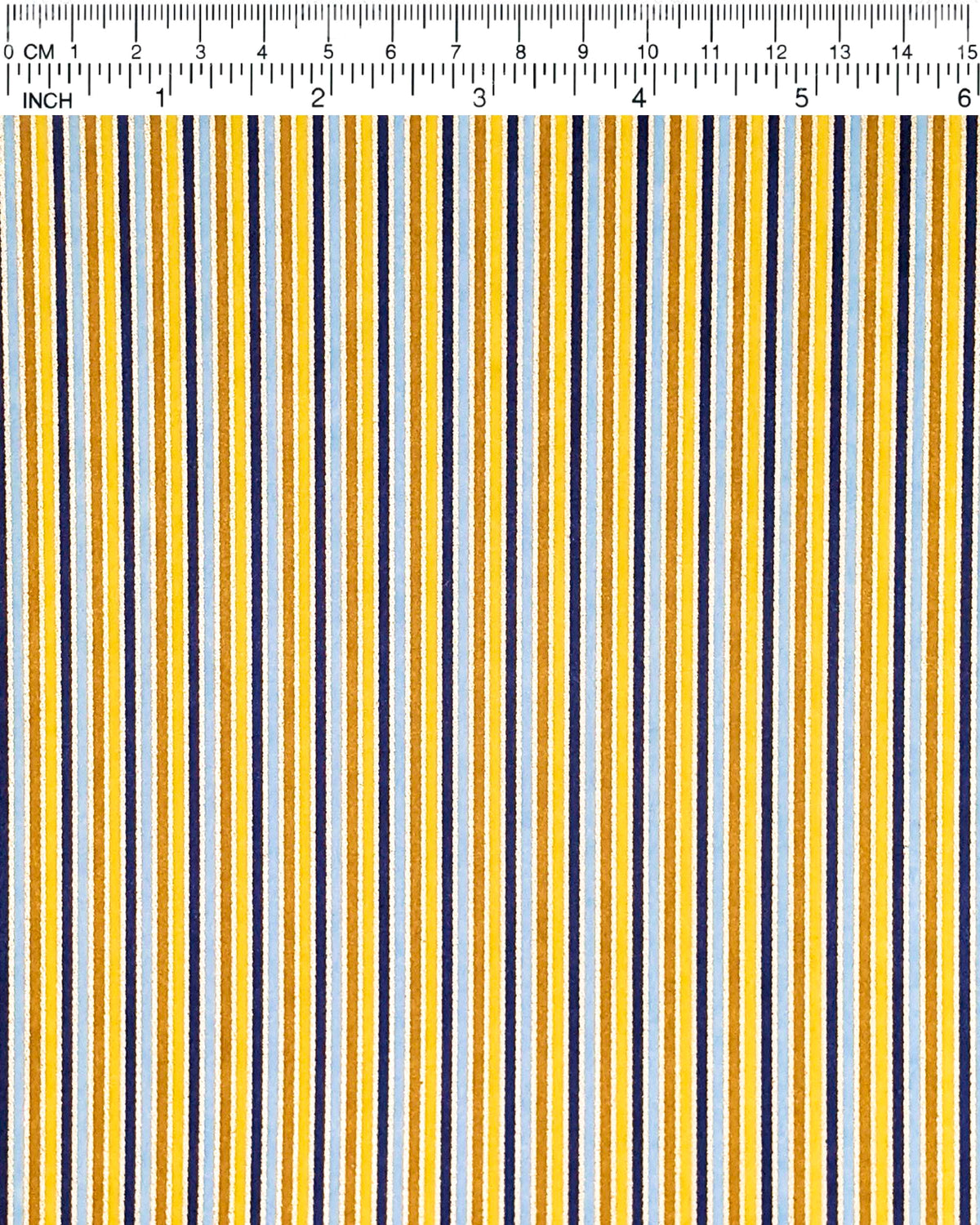 Japanese chiyogami paper featuring vertical stripes in light and golden yellow, light blue, and dark blue with metallic gold stripes, shown next to a ruler for size reference.