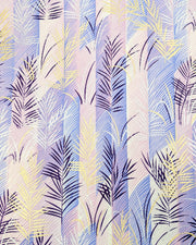 Japanese chiyogami paper featuring metallic gold, silver, and dark purple leaves on a vertically striped light purple background.