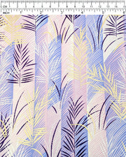 Japanese chiyogami paper featuring metallic gold, silver, and dark purple leaves on a vertically striped light purple background, shown next to a ruler for size reference.
