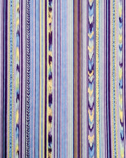 Japanese chiyogami paper featuring assorted solid and patterned vertical stripes in shades of purple, light blue, and yellow with metallic gold detail.