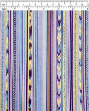 Japanese chiyogami paper featuring assorted solid and patterned vertical stripes in shades of purple, light blue, and yellow with metallic gold detail, shown next to a ruler for size reference.
