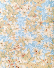 Japanese chiyogami paper featuring beige and white leaves with light blue leaves on a light blue background with metallic gold details.