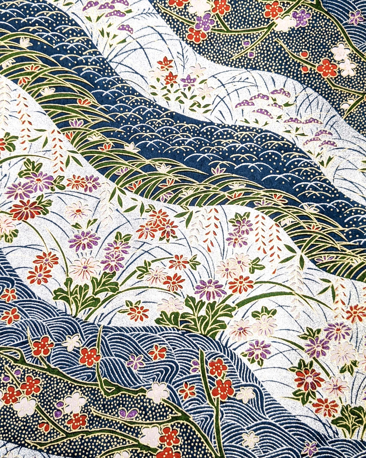Japanese chiyogami paper featuring red, purple, pink, and white chrysanthemums, plum blossoms, wisteria, and other flowers arranged among traditional Japanese patterns on a blue and silver background with metallic gold details.