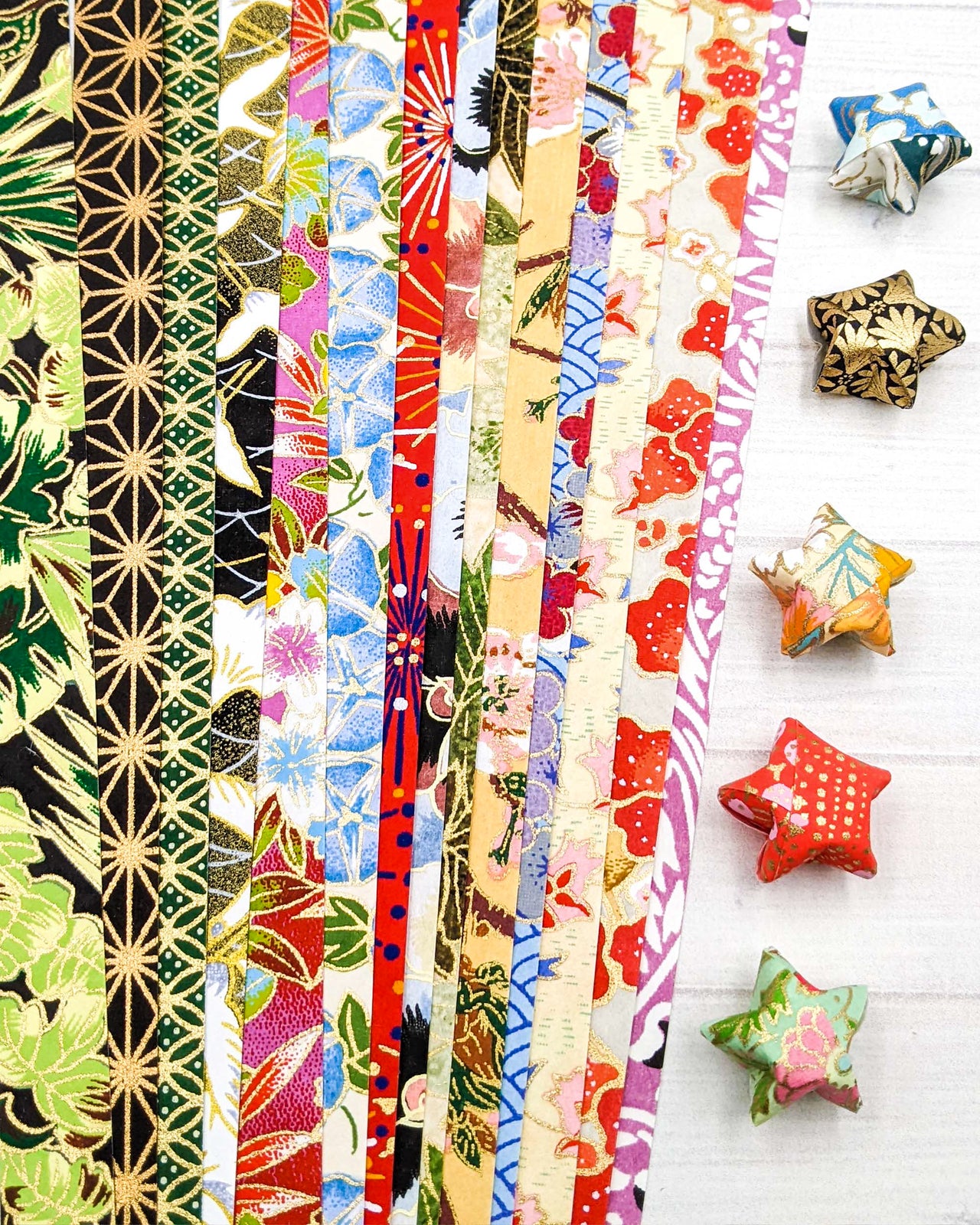 Thin strips of origami papers used for folding origami stars.