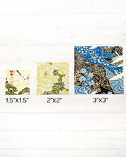 Mini square origami papers showing in 3 different sizes. 1.5", 2", 3"