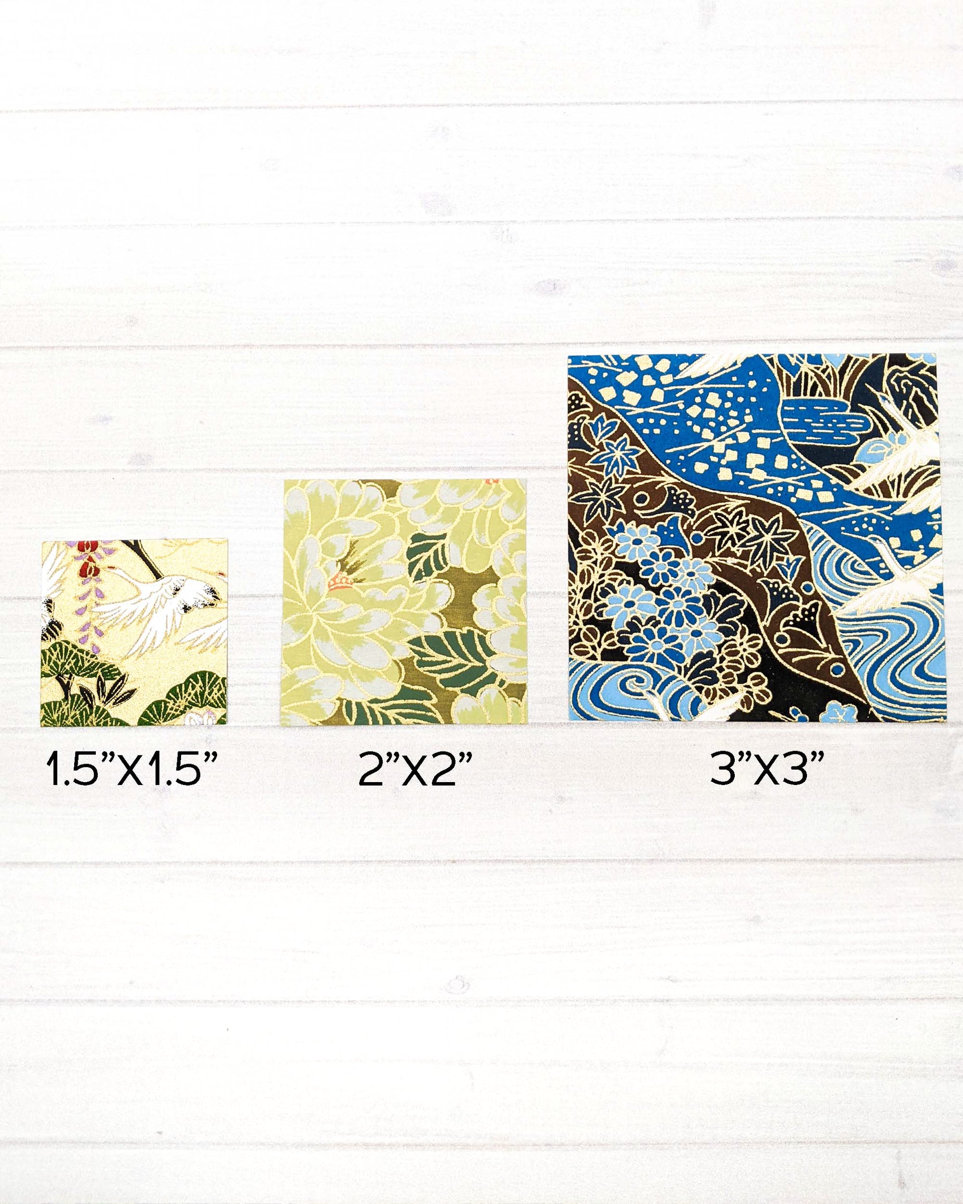 Mini square origami papers showing in 3 different sizes. 1.5", 2", 3"